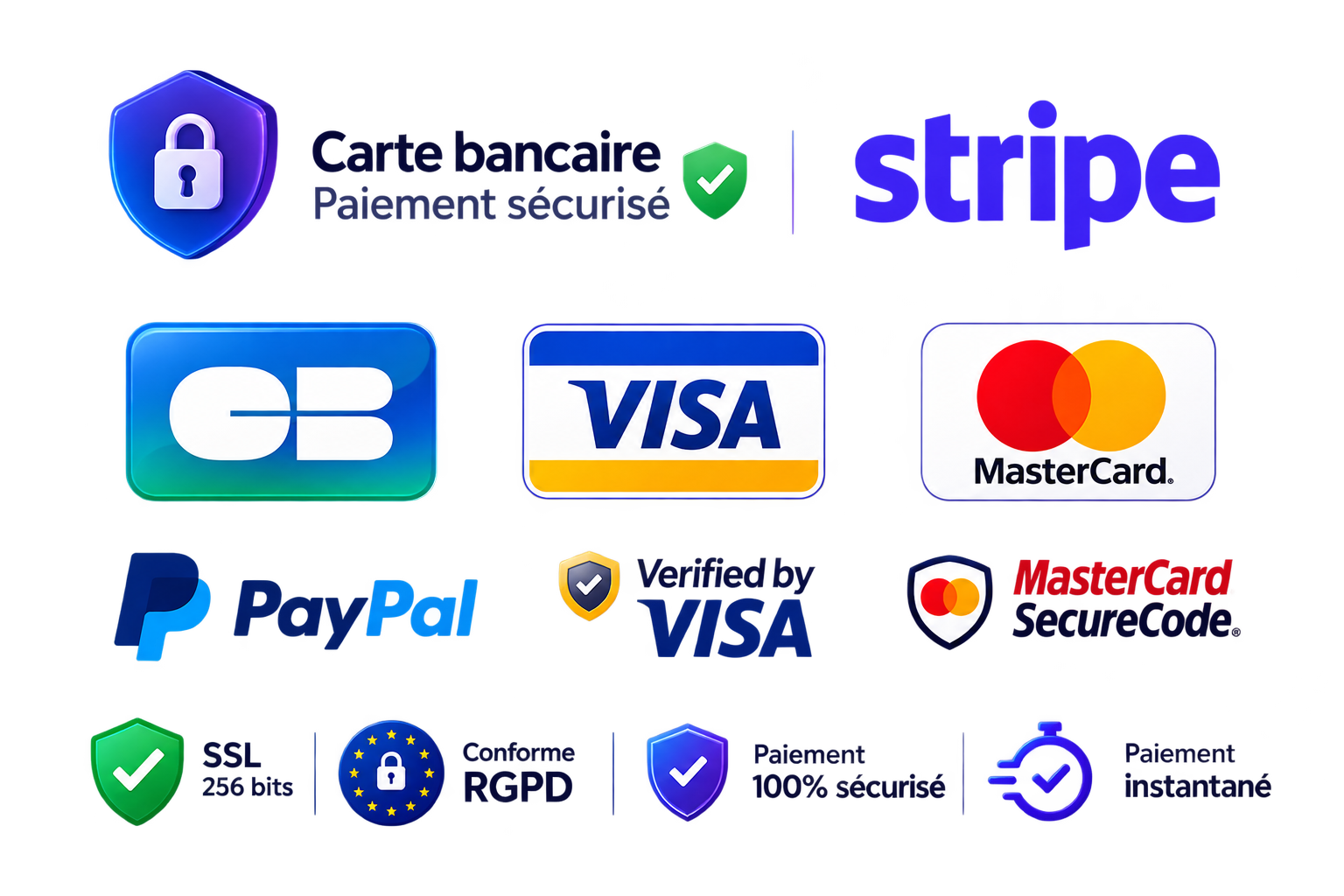 Paiements sécurisés par carte bancaire, Stripe et PayPal. CB, Visa, Mastercard, Verified by Visa et Mastercard SecureCode.
